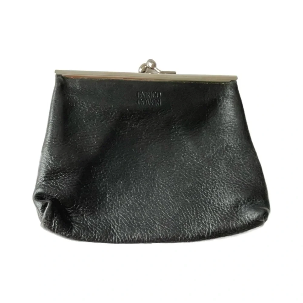 Vintage Enrico Coveri Black Leather Coin Purse, Silver Hardware Red Print Lining - Picture 8 of 8